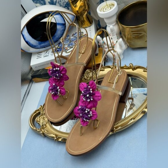 🆕 CHICO'S 🧿 NWOB Sunset Flower Sandal, Pink Hand Beaded Flower Detail - Sz 9US - Picture 8 of 12